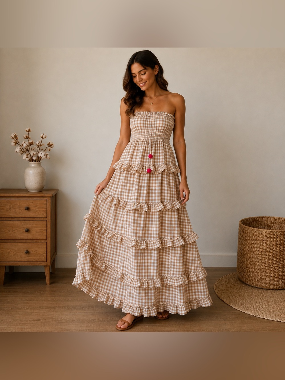 SUNDRESS XS/S Beige Gingham Tiered Ruffle Maxi Dress Cottagecore Boho Strapless